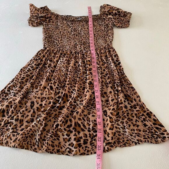 Express Leopard Print Dress Small Smocked Puff Sleeve Fit & Flare Brown Animal P - Picture 5 of 7